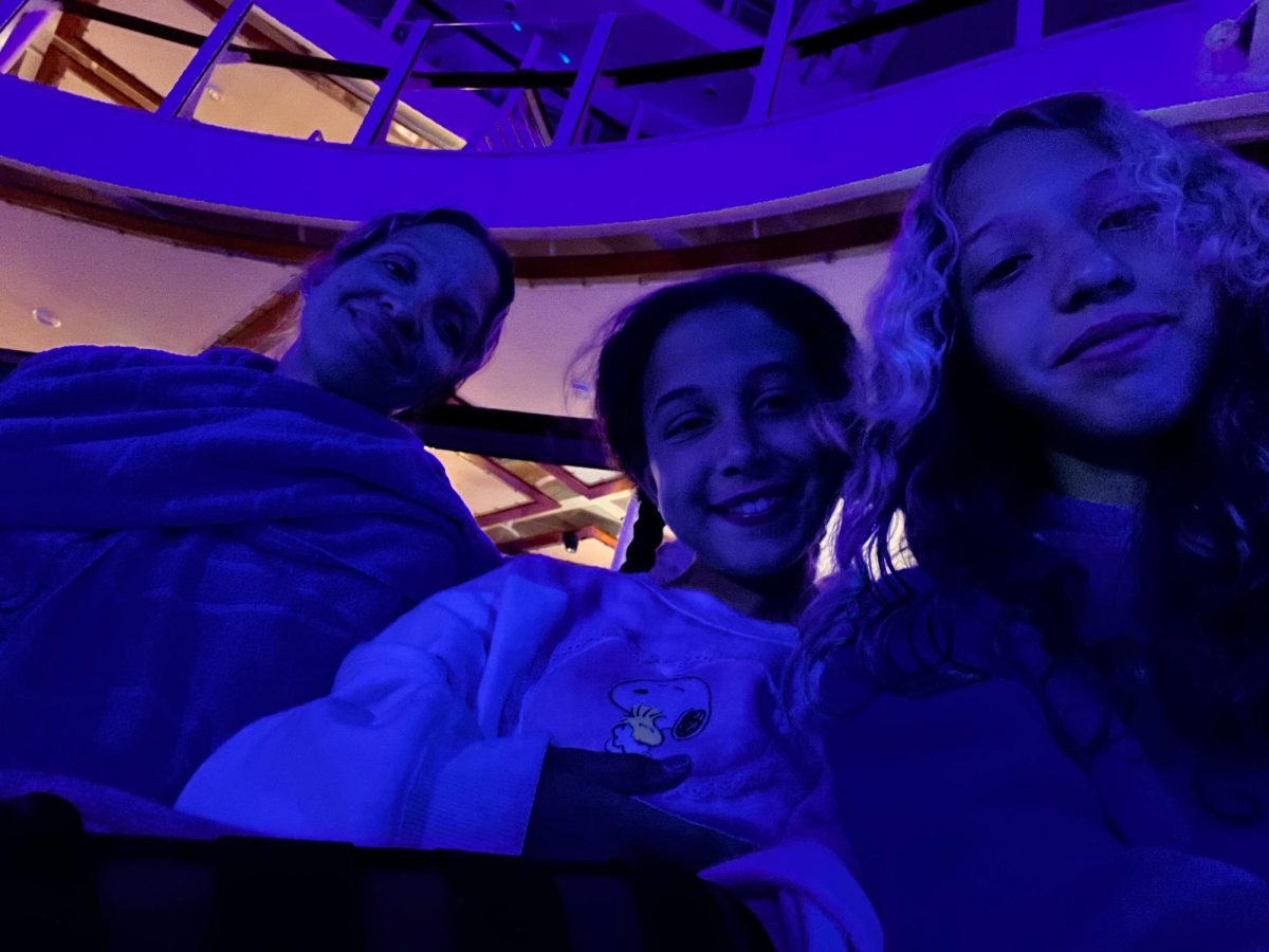 Noely, her sister, and her mom are watching the aquatic show on the cruise. Noely enjoyed the show, and her favorite part was when the performers dived into the pool.